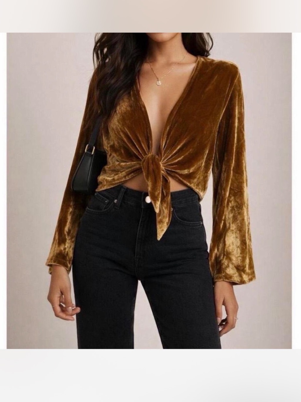 Reformation Velvet Tie-Front Long Sleeve Top in Golden Tan